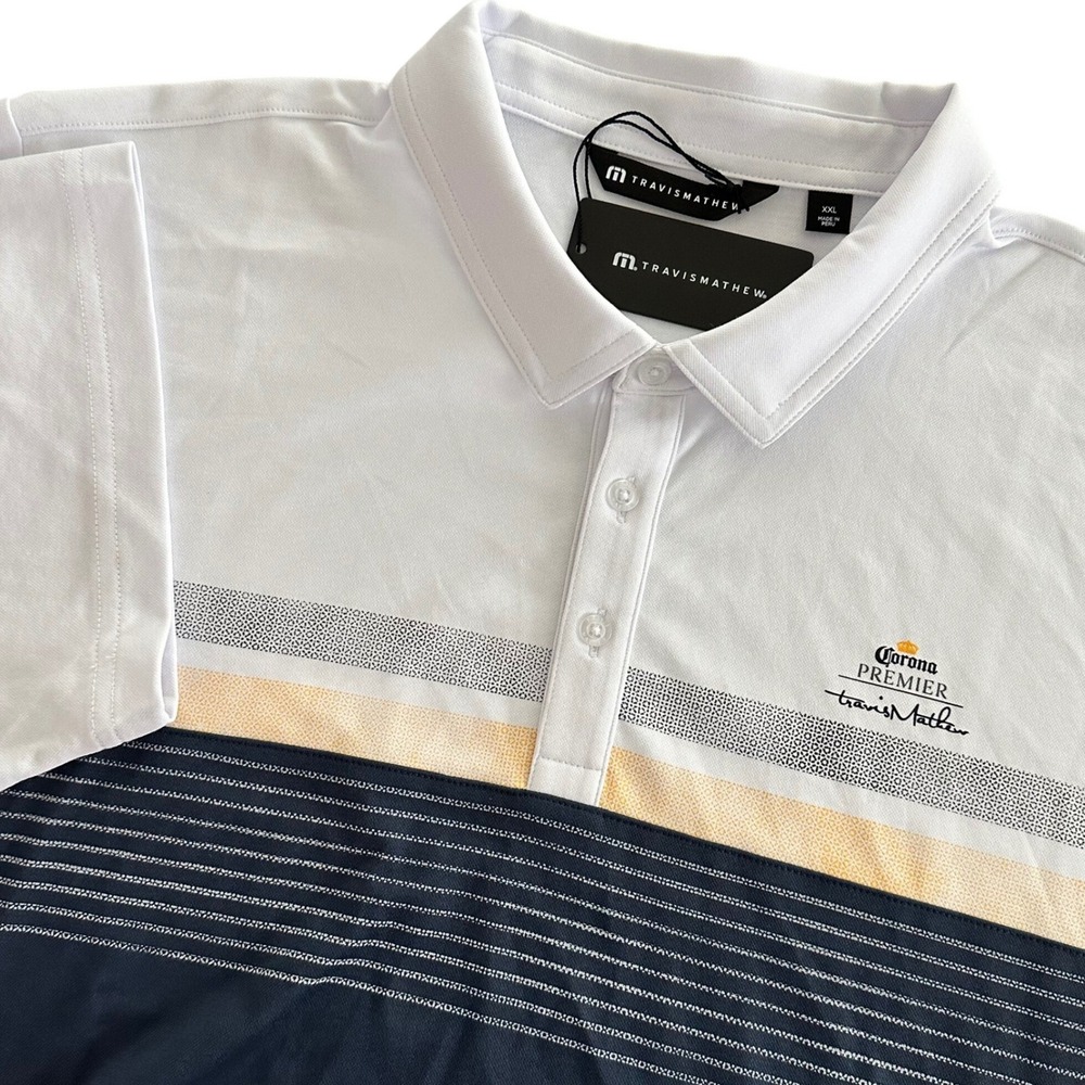 Travis Mathew Bar Roof Mens XXL Polo Shirt White Navy Corona Premier NEW Golf